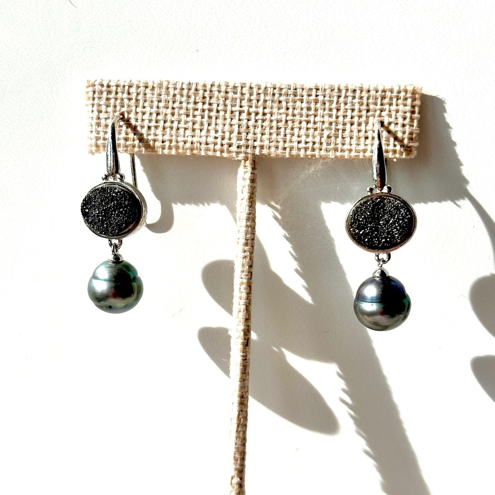 Black Pearl Drop Earrings | Silver Tone | Dangle Statement | Faux Pearl